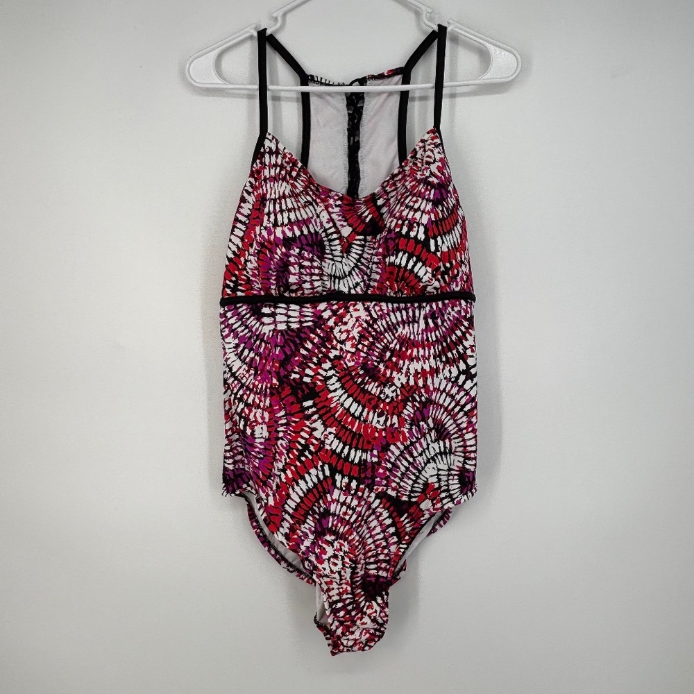 Paradise Bay Womens Size 16 One Piece Swim Suit Purple Red Black Geometric Laces